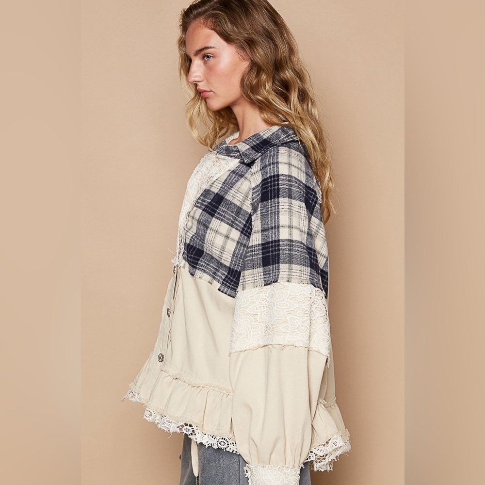 POL Plaid and Cream Cotton Flannel Jacket Shacket Top S - Picture 2 of 4